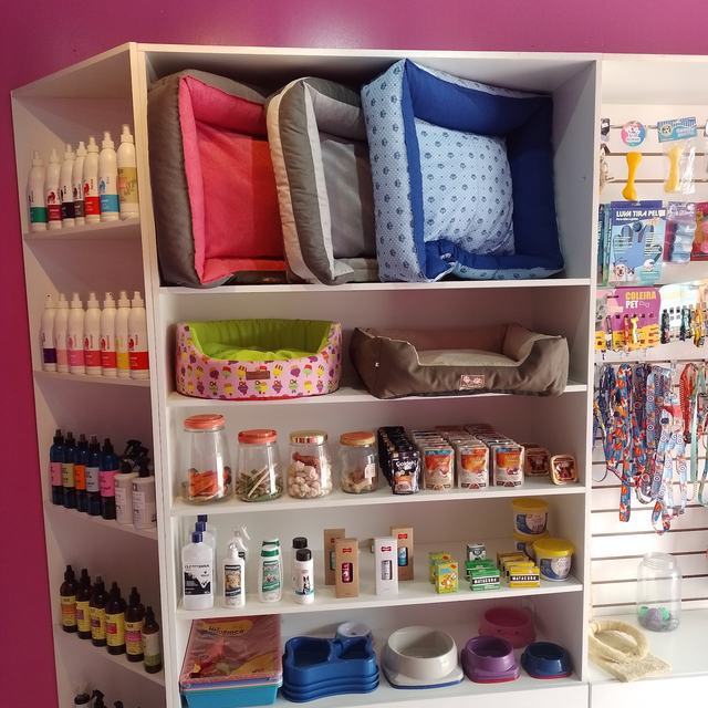 Estante com caminhas, potes e produtos para pets